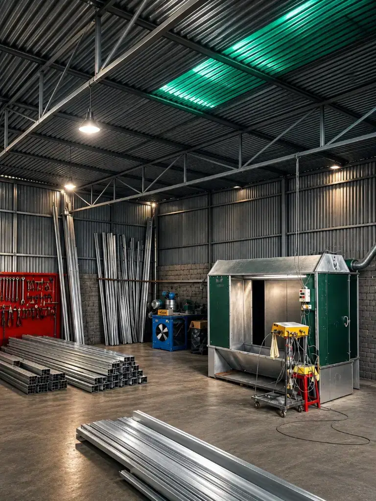 Powder coating spray booth, aluminium profiles, and workshop equipment at Shree Balaji Coat in Raipur